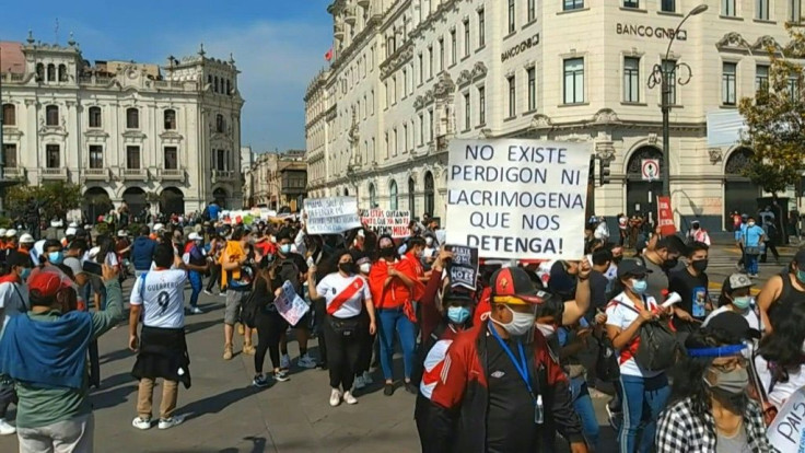 IMAGESLima residents gather on the iconic Plaza San Martin square to protest the ousting of popular president Martin Vizcarra by Congress over corruption allegations and the consequent appointment of Manuel Merino, as demonstrations continue across the co