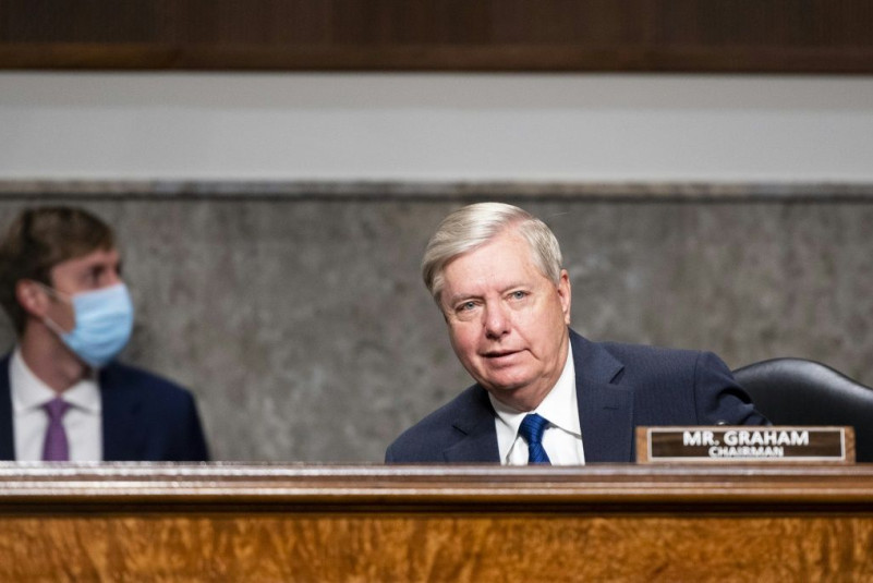 Senator Lindsey Graham takes his seat during a Senate Judiciary Committee hearing titled, "Breaking the News: Censorship, Suppression, and the 2020 Election,â on Facebook and Twitter's content moderation practices