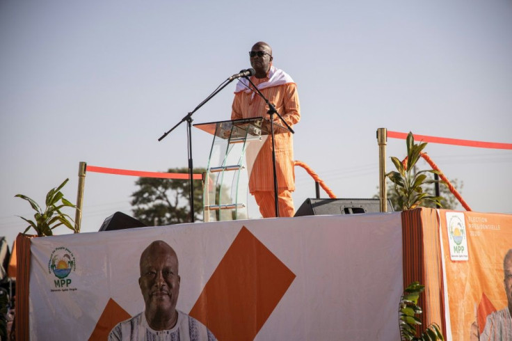 Burkina Faso President Roch Marc Christian Kabore holds a rally in Dori, two days after the body of a MP's driver was found nearby