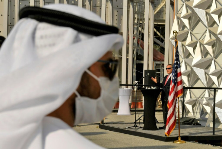 US ambassador John Rakolta, unveils the star-spangled US pavilion for Dubai Expo 2020, the delayed world trade fair that is one of the Gulf emirate's biggest marquee projects