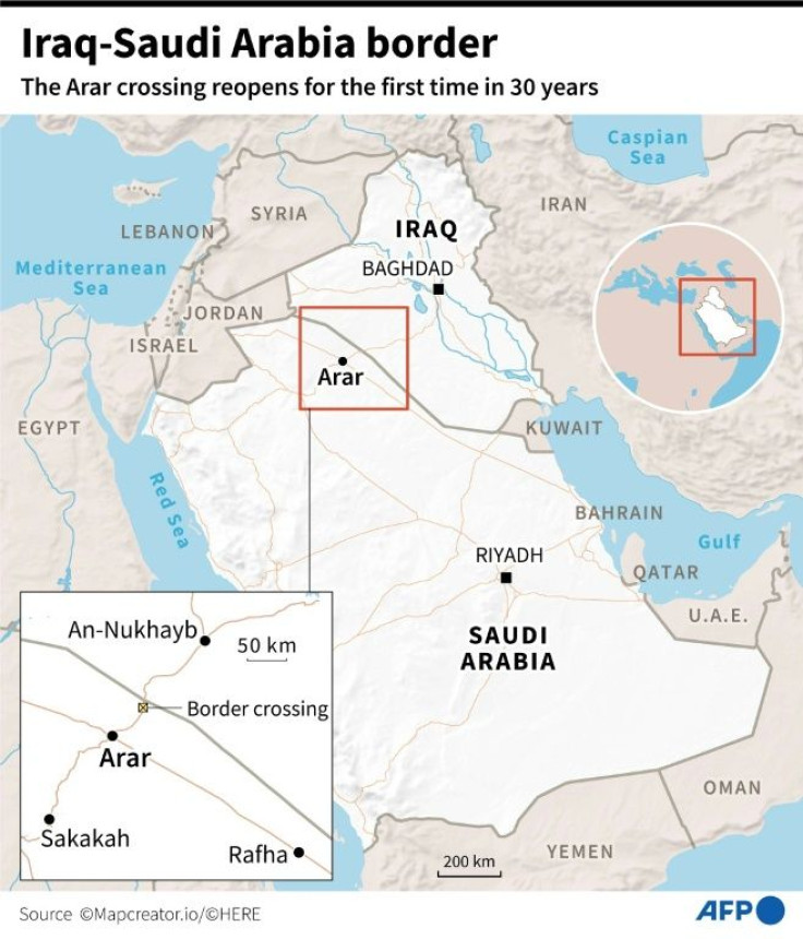 Map showing the Arar crossing on the border between Iraq and Saudi Arabia, which was reopened after 30 years