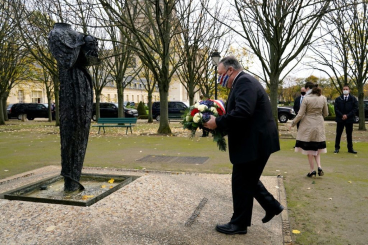 US Secretary of State Mike Pompeo lays a wreath in Paris for victims of jihadist attacks