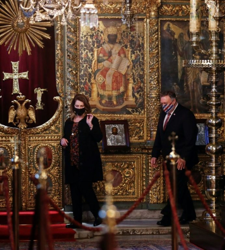 US Secretary of State Mike Pompeo and his wife Susan Pompeo visit The Patriarchal Church of St. George in Istanbul, where he did not meet Turkish officials, on November 17, 2020