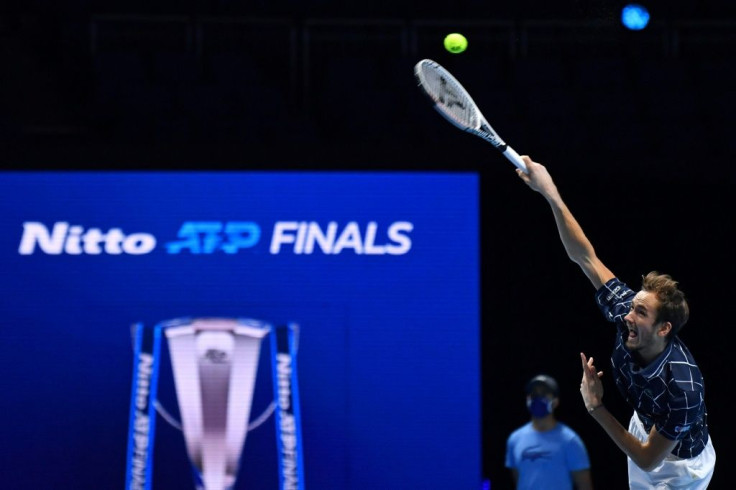 Russia's Daniil Medvedev serves to Spain's Rafael Nadal during their last-four match at the ATP Finals