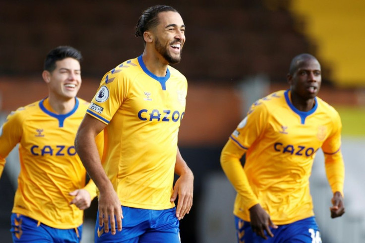 Everton striker Dominic Calvert-Lewin (C) celebrates scoring at Fulham