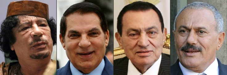 Libyan leader Moammar Kadhafi, Tunisian president Zine El Abidine Ben Ali, Egyptian president Hosni Mubarak and Yemen's president Ali Abdallah Saleh all fell from power during the Arab revolutions