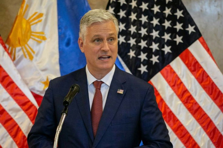 US National Security Advisor Robert O'Brien speaks during a ceremony at the Philippines Department of Foreign Affairs office in Manila