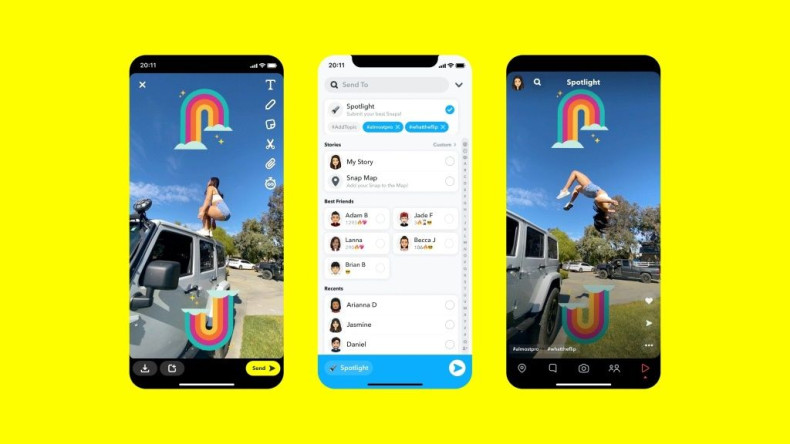 This handout picture shows Snapchat's latest feature called âSpotlight," a new curated short-form video feed in a stepped up challenge to social media rivals like TikTok