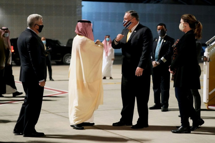 US Secretary of State Mike Pompeo and his wife Susan are greeting a Neom Bay Airport, Saudi Arabia, on November 22 by Saudi Foreign Minister Prince Faisal bin Farhan al-Saud