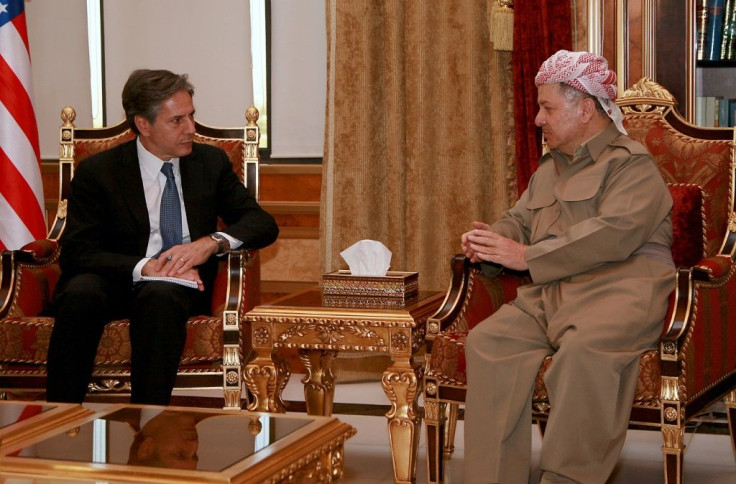 Then US deputy secretary of state Antony Blinken meets with the president of Iraq's autonomous Kurdish region, Massud Barzani, in 2016 in Arbil