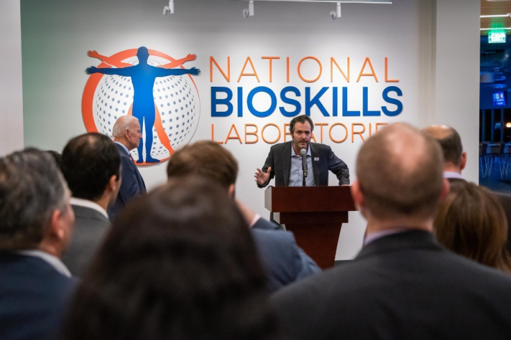 Jon Fisher, CEO at CrowdOptic, introduces Joe Biden at National BioSkills Labs in San Francisco. 