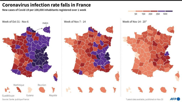 Maps showing Covid-19 infection rate per French department over the past 3 weeks
