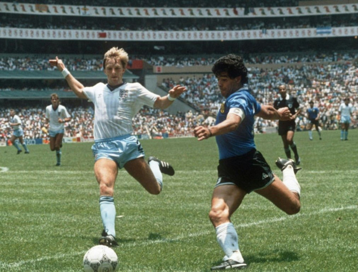 Diego Maradona shapes to cross under pressure from Gary Stevens in Argentina's 2-1 win over England in the 1986 World Cup quarter-finals, the game marked by Maradona's 'Hand of God' goal