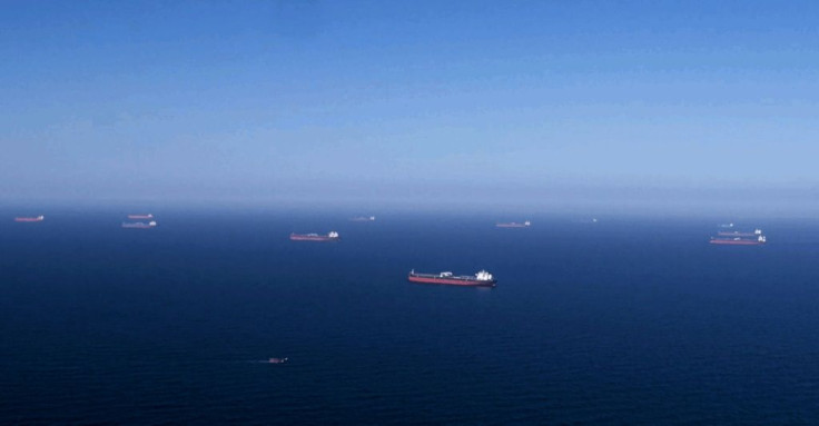 A photo provided by Saudi Aramco on April 1, 2020, shows Aramco tankers being loaded with oil at an undisclosed sea location. An explosion rocked a Greek-operated tanker docked at Saudi Arabia's Red Sea port of Shuqaiq Wednesday, Greek officials said
