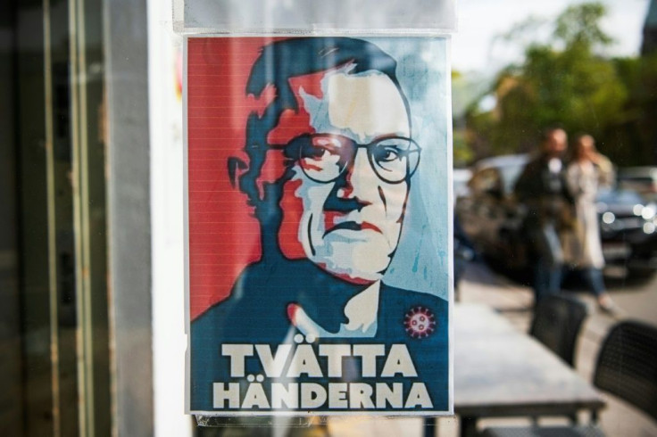 A poster with a portrait of Anders Tegnell, the face of the country's response to the novel coronavirus COVID-19