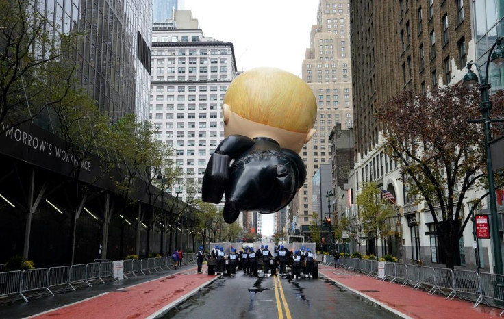 The "Boss Baby" balloon floats during an uncharacteristically subdued Macy's Thanksgiving Day Parade in New York on November 26, 2020
