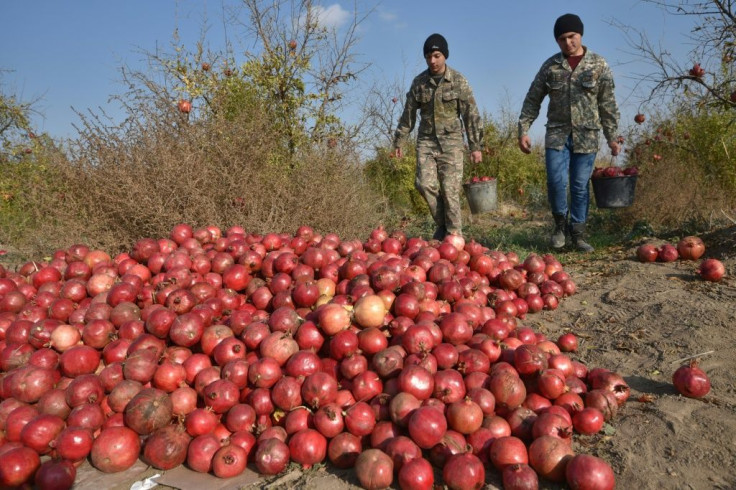A short distance from the pomegranate field, Azerbaijani and Armenian soldiers stand guard
