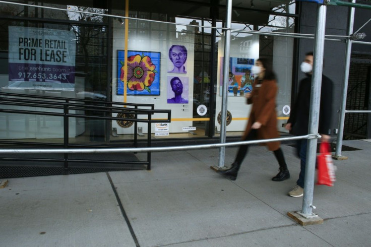 Art is displayed in a "For Lease" retail space in the Art on the Ave exhibition in New York on November 28, 2020