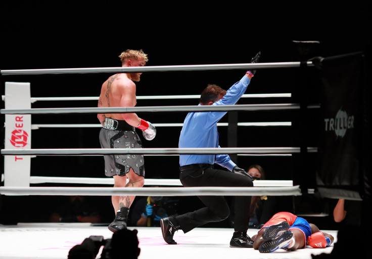 Jake Paul reacts over his knockout victory against Nate Robinson in the second round during Mike Tyson vs Roy Jones Jr. presented by Triller at Staples Center