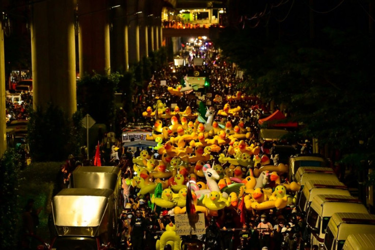 Thai protesters march with rubber ducks -- a symbol of their pro-democracy movement -- in Bangkok
