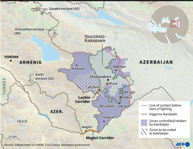 Map locating the disputed region of Nagorno-Karabakh with zones of control.