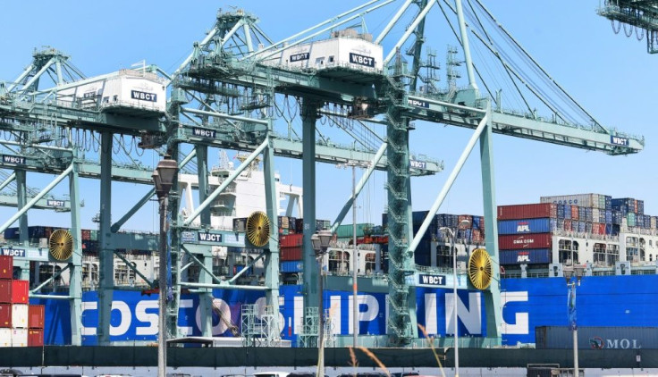 Shipping containers are seen on a Cosco Shipping vessel at the Port of Long Beach on August 23, 2019 in Long Beach, California