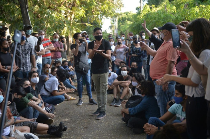 Artists and intellectuals demonstrating outside Cuba's Culture Ministry in Havana in November 2020