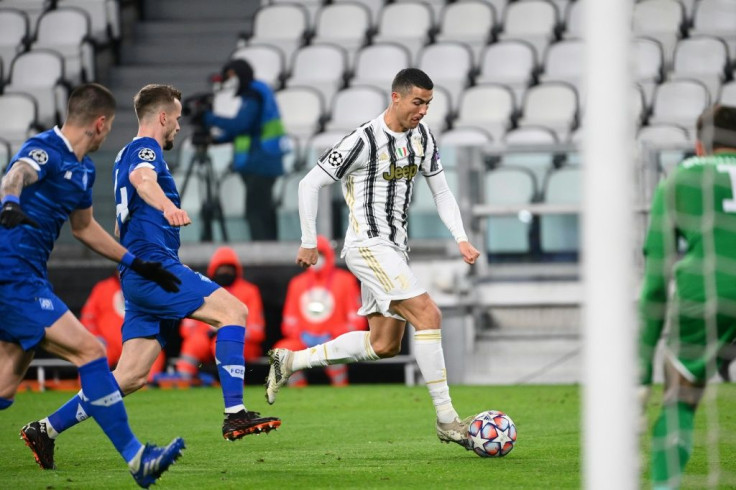 Juventus' Portuguese forward Cristiano Ronaldo (C) scored his 750th career goal against Dynamo Kiev.