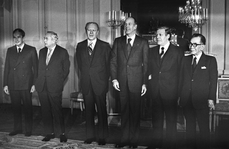France's Giscard d'Estaing hosted a summit of world powers in 1975 with (from left to right) Aldo Moro of Italy, Harold Wilson of Britain, then US President Gerald Ford), Helmut Schmidt of Germany and Takeo Miki
