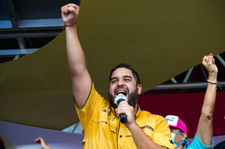 Nicolas Ernesto Maduro, the son of the Venezuelan president, addresses a rally in La Guaira, where he is standing as a candidate for the ruling Socialist Party in legislative elections on Sunday
