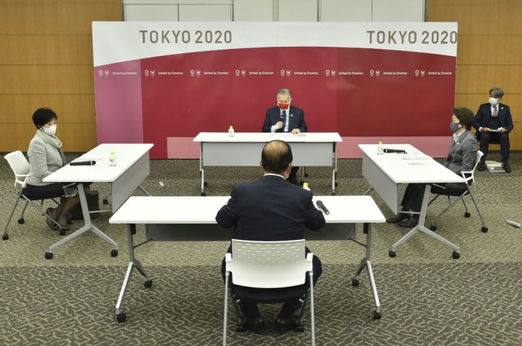 Tokyo 2020 President Yoshiro Mori (top, C), Tokyo Governor Yuriko Koike (L), Olympic Minister Seiko Hashimoto (R) and Tokyo 2020 CEO Toshiro Muto (Bottom, C) attended the meeting on additional costs