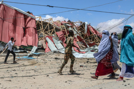 The scene of a 2019 suicide car bomb explosion in Mogadishu, Somalia claimed by the Al-Shabaab militant group
