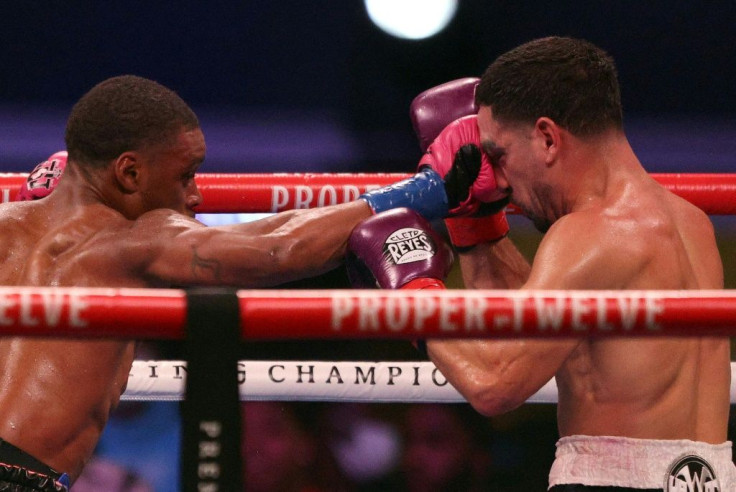 Errol Spence, left, jabs at Danny Garcia en route to a unanimous decision during their all-American world welterweight championship fight at AT&T Stadium in Dallas, Texas