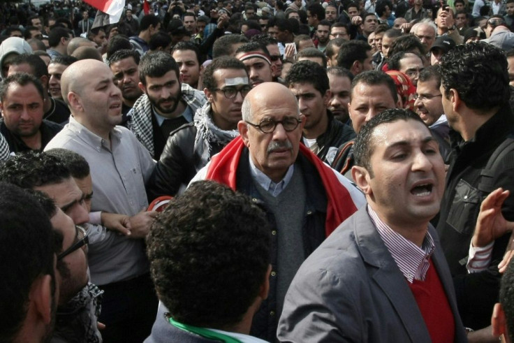 Former leading figure of the Egyptian opposition and ex-head of the IAEA, Mohamed ElBaradei (C) joins protests in Cairo's Tahrir square