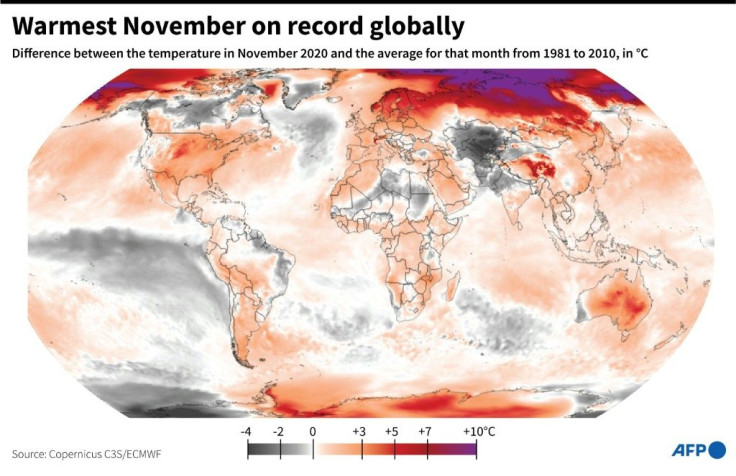 Map showing the difference between the temperature in November 2020, and the average for that month from 1981 to 2010, in °C