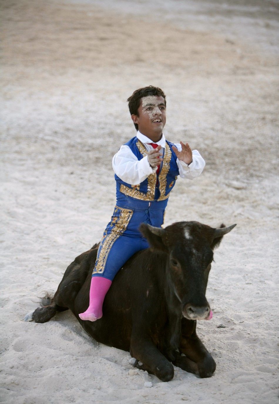 Dwarf bullfighter Jorge Vega from Los Enanitos Toreros sits on a calf at the end of a presentation in Cancun