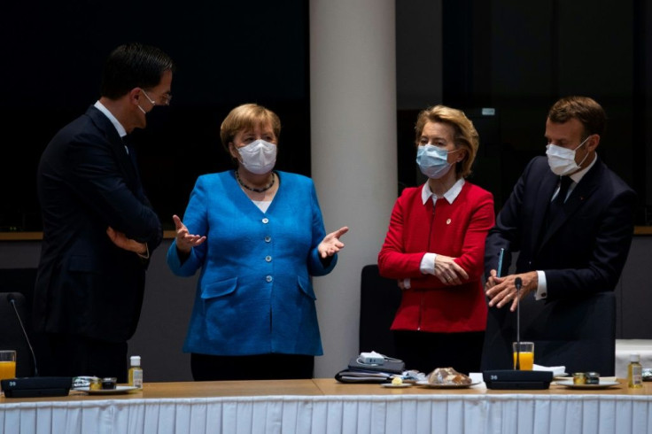 Left to right, Netherlands' Prime Minister Mark Rutte, Germany's Chancellor Angela Merkel, President of the European Commission Ursula von der Leyen and France's President Emmanuel Macron met during a summit over a post-virus economic rescue plan