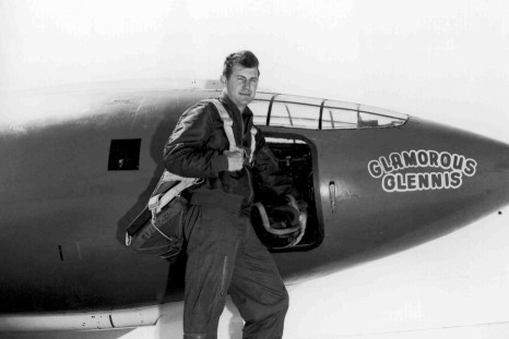 Chuck Yeager is seen here in 1947 with "Glamorous Glennis," the experimental plane in which he became the first human to travel faster than the speed of sound