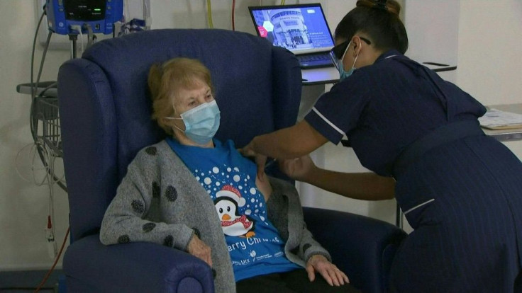 IMAGES As the UK becomes the first country to roll-out the Pfizer-BioNTech Covid-19 vaccine, 90-year-old Margaret Keenan becomes the first person to receive a dose, receiving the vaccination at a hospital in Coventry.