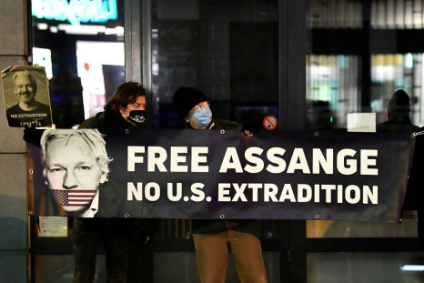 Demonstrators called for Assange's release at a protest outside the British Embassy in Brussels on Monday