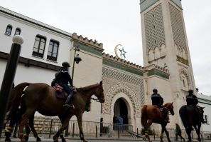 French mounted gendarmes secure the Great Mosque of Paris prior to Friday prayers in October 2020 amid a lockdown to stem the Covid-19 pandemic