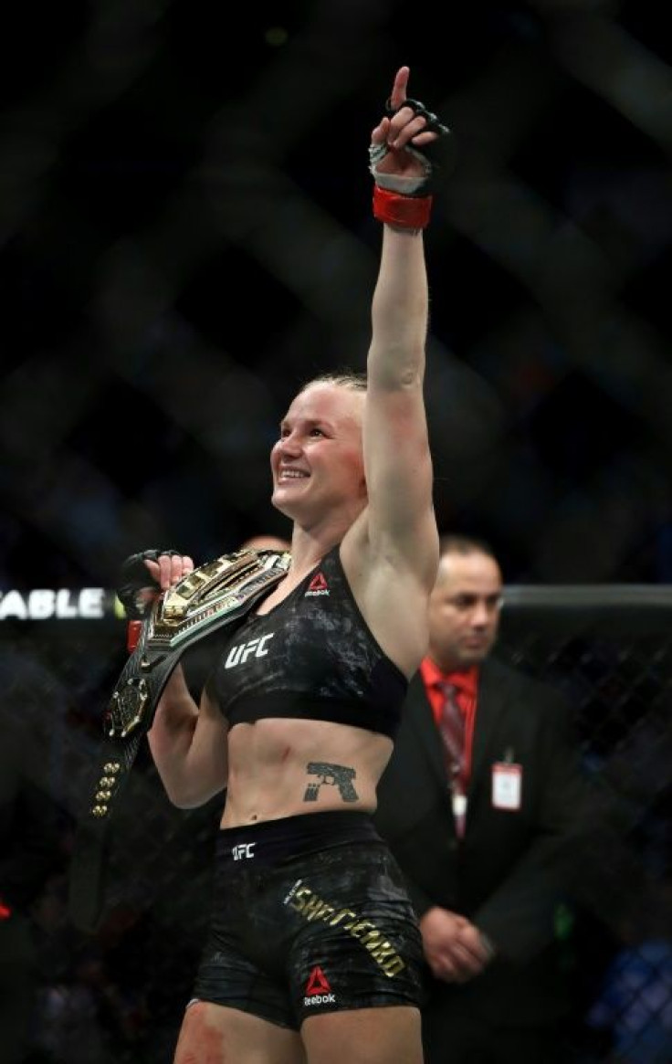 Fearsome featherweight world champion Valentina Shevchenko, who trains at Tiger Muay Thai in Phuket, celebrates knocking out Katlyn Chookagian at UFC 247 in Houston earlier this year