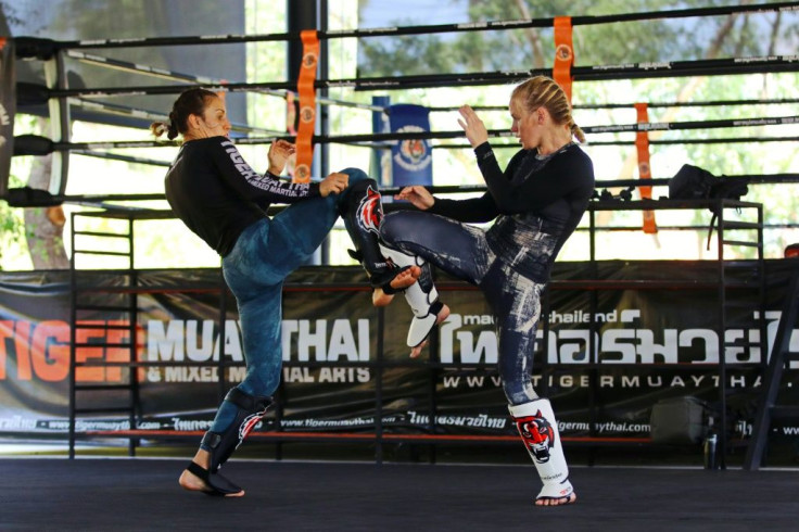 UFC fearsome flyweight champion Valentina Shevchenko (right) trains with her sister Antonina at Tiger Muay Thai gym in Phuket