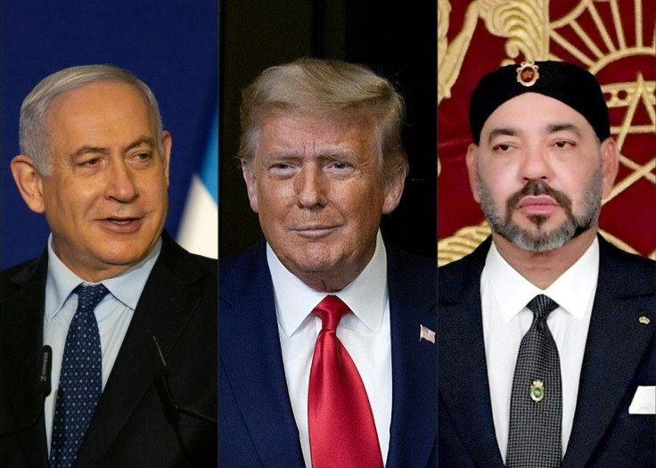 This combination of file pictures created on December 10, 2020 shows Israeli Prime Minister Benjamin Netanyahu (L), US President Donald Trump (C), and Morocco's King Mohammed VI