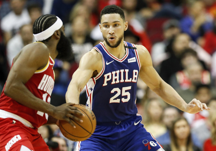 Ben Simmons #25 of the Philadelphia 76ers defends James Harden #13 of the Houston Rockets