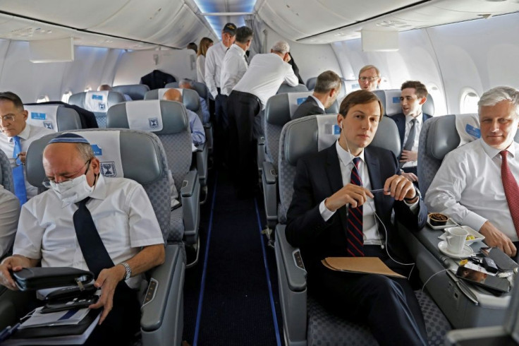 US President Donald Trump's son-in-law Jared Kushner (center-right) on the inaugural direct flight from Israel to the United Arab Emirates in August 2020
