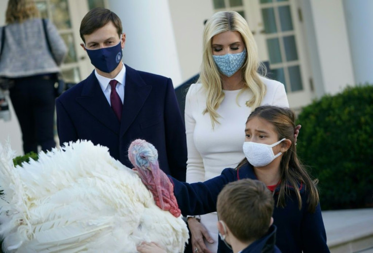 Jared Kushner, his wife Ivanka Trump and their children take part in a traditional pardoning of a Thanksgiving turkey at the White House in November 2020