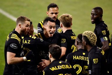 Lucas Zelarayan celebrates his first-half goal with Columbus teammates in the Crew's 3-0 victory over the Seattle Sounders in the MLS Cup final