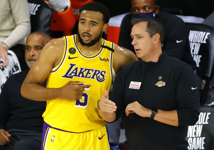 Frank Vogel of the Los Angeles Lakers talks with Talen Horton-Tucker #5 