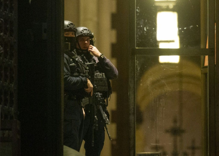 Police patrol inside  the Cathedral of St. John the Divine in New York on December 13, 2020, after a shooter opened fire outside the church